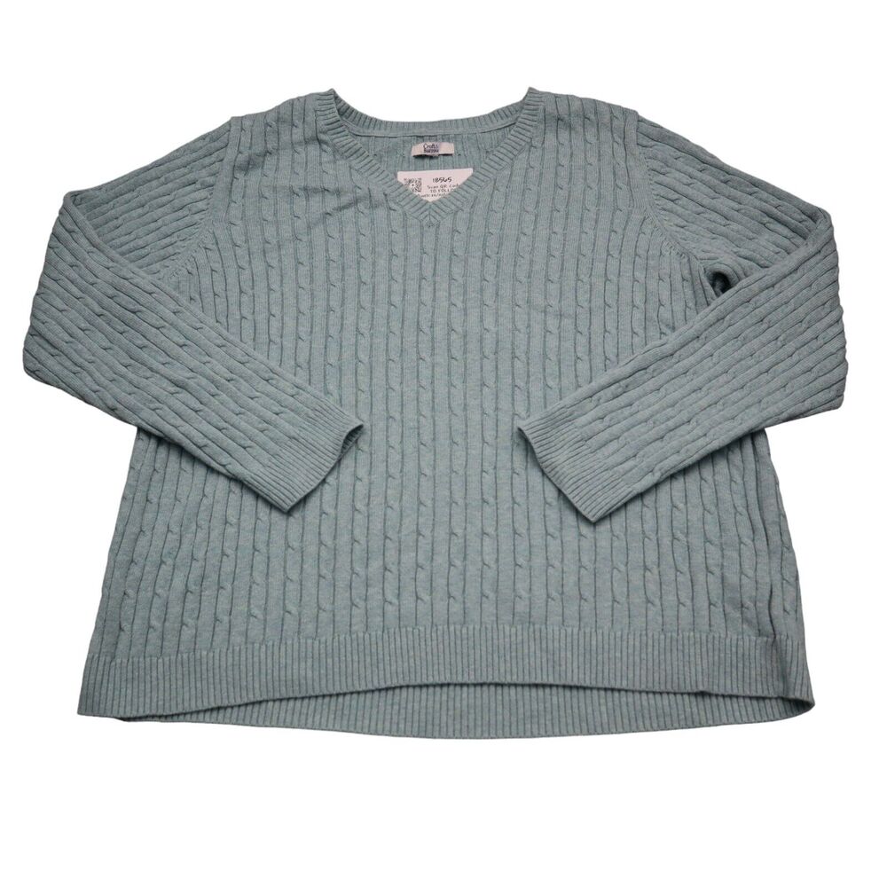 Croft Barrow Sweater Womens Green Long Sleeve VNeck Cable Knit Cotton Pullover